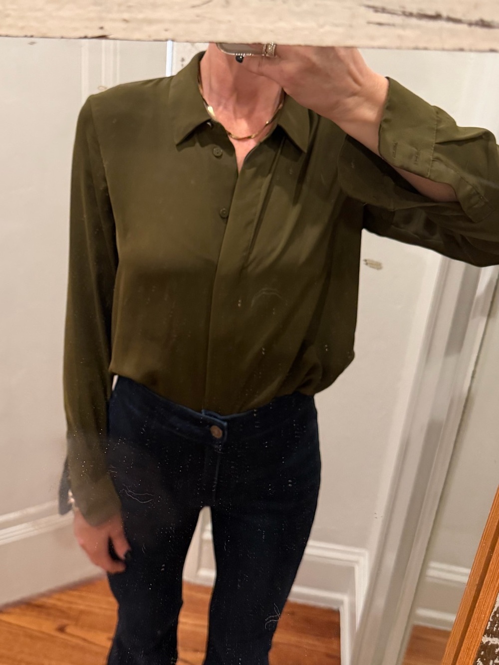 H&M Olive Green Button-Down Silk-Look Blouse